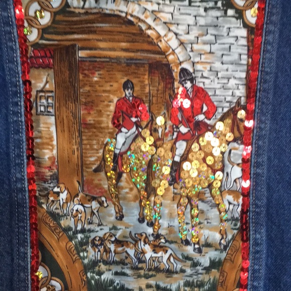 Guy Laroche scarf tie Hand Crafted Wearable Art Fox Hunt Denim Jacket Brooches - Picture 9 of 12